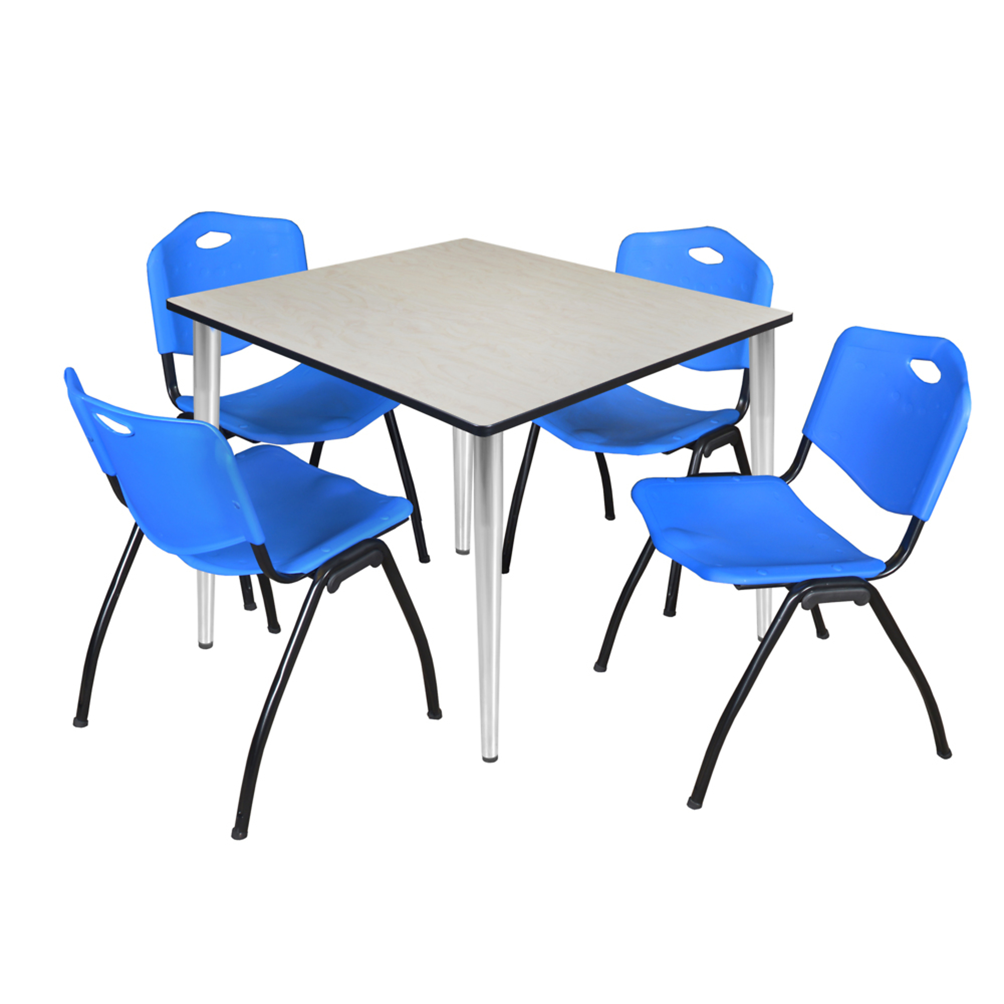 Regency Kahlo Breakroom Table with Maple Top and Chrome Base — 48in. Square, Includes 4 Blue Stack Chairs, Model# TPL4848PLCM47BE